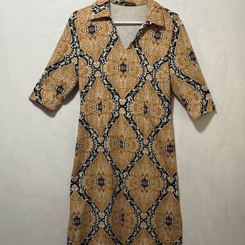Vtg J. McLaughlin Gold Black Paisley Medallion Catalina Patterned Dress Sz S